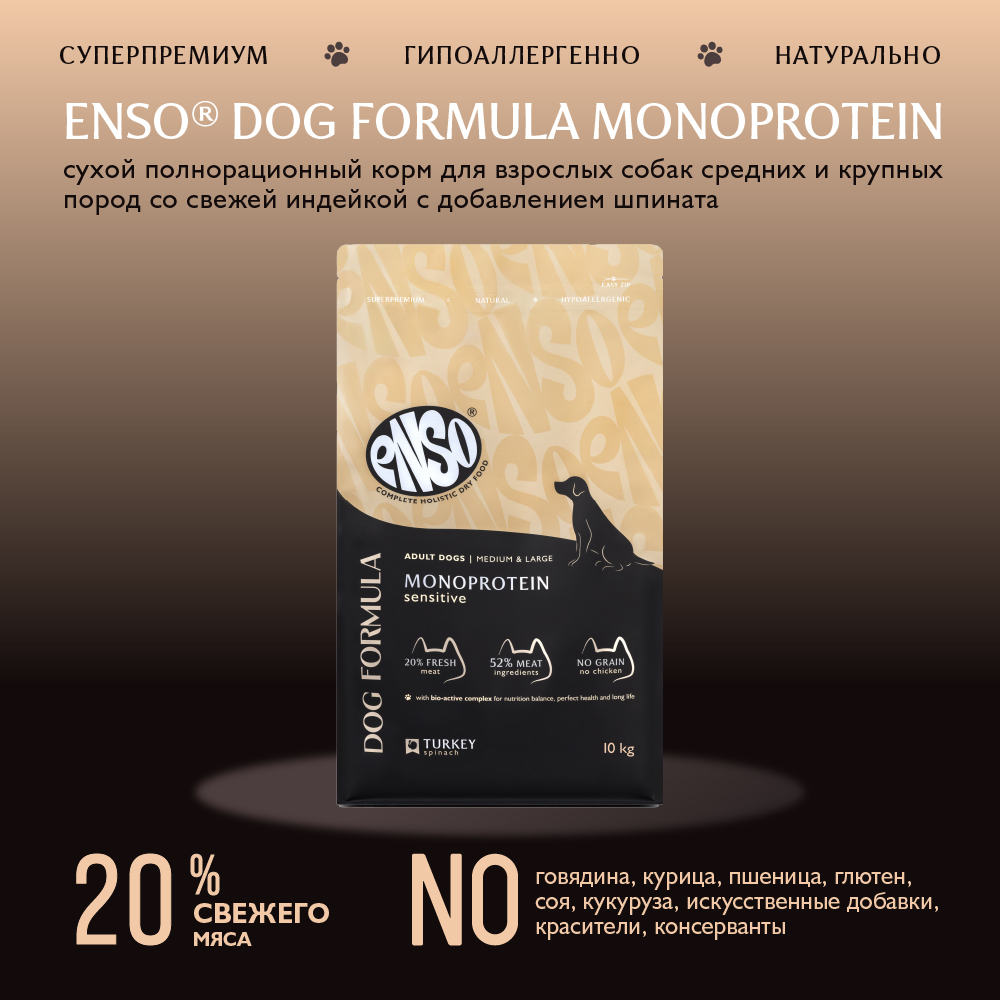 Корм для собак ENSO formula Monoprotein для ср. и кр.пород, с индейкой и шпинатом сух.