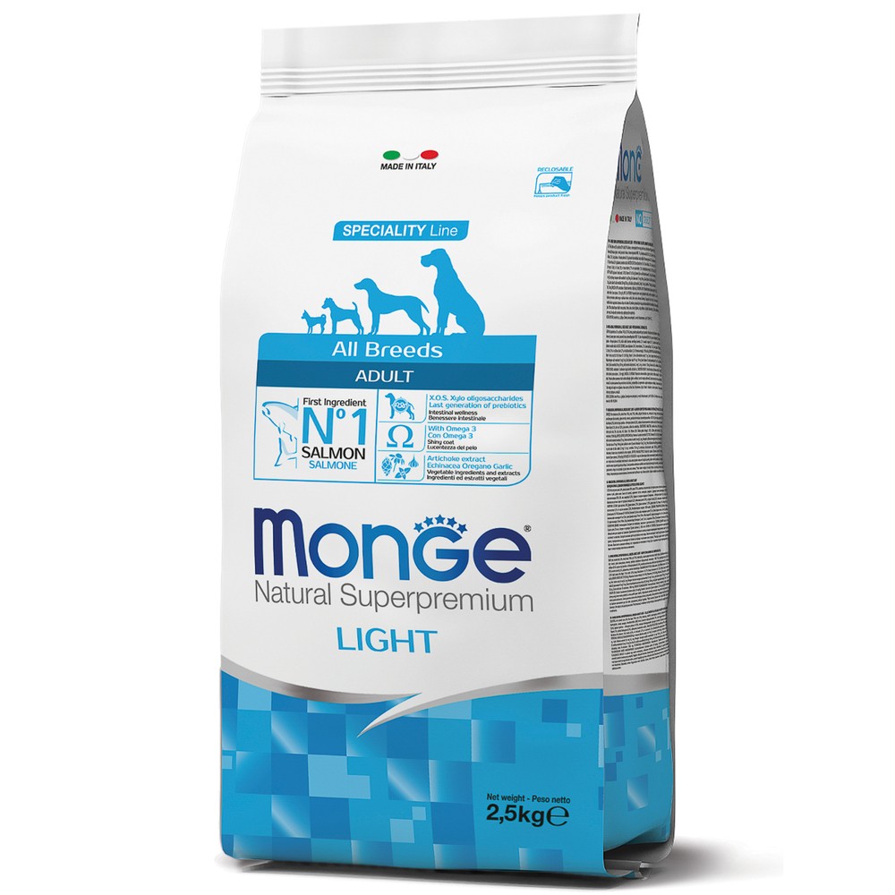 Корм для собак MONGE Dog Speciality Light низкоколорийный, лосось с рисом сух.
