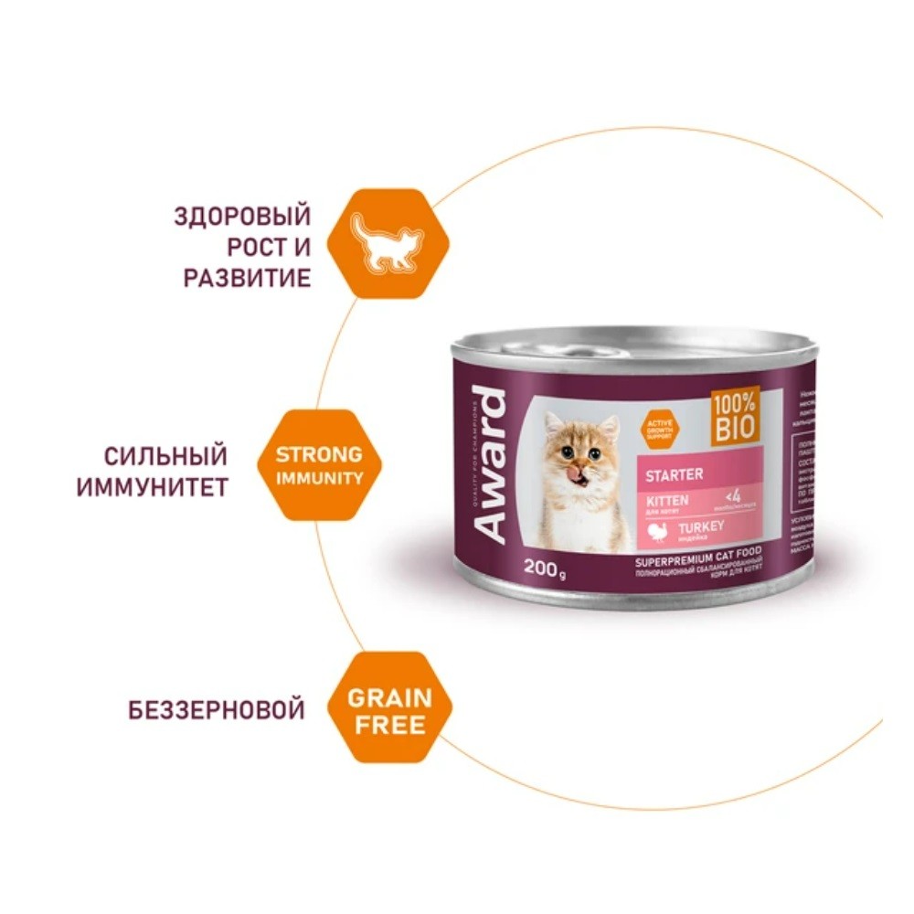 Корм для котят до 4мес., беременных и кормящих кошек AWARD паштет из индейки банка