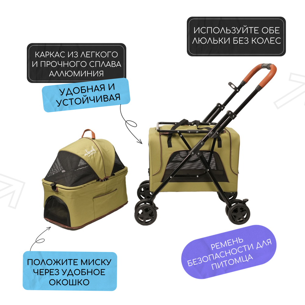 Коляска для собак и кошек MR.KRANCH прогулочная двойная (макс. нагрузка 10кг+10кг), оливковая