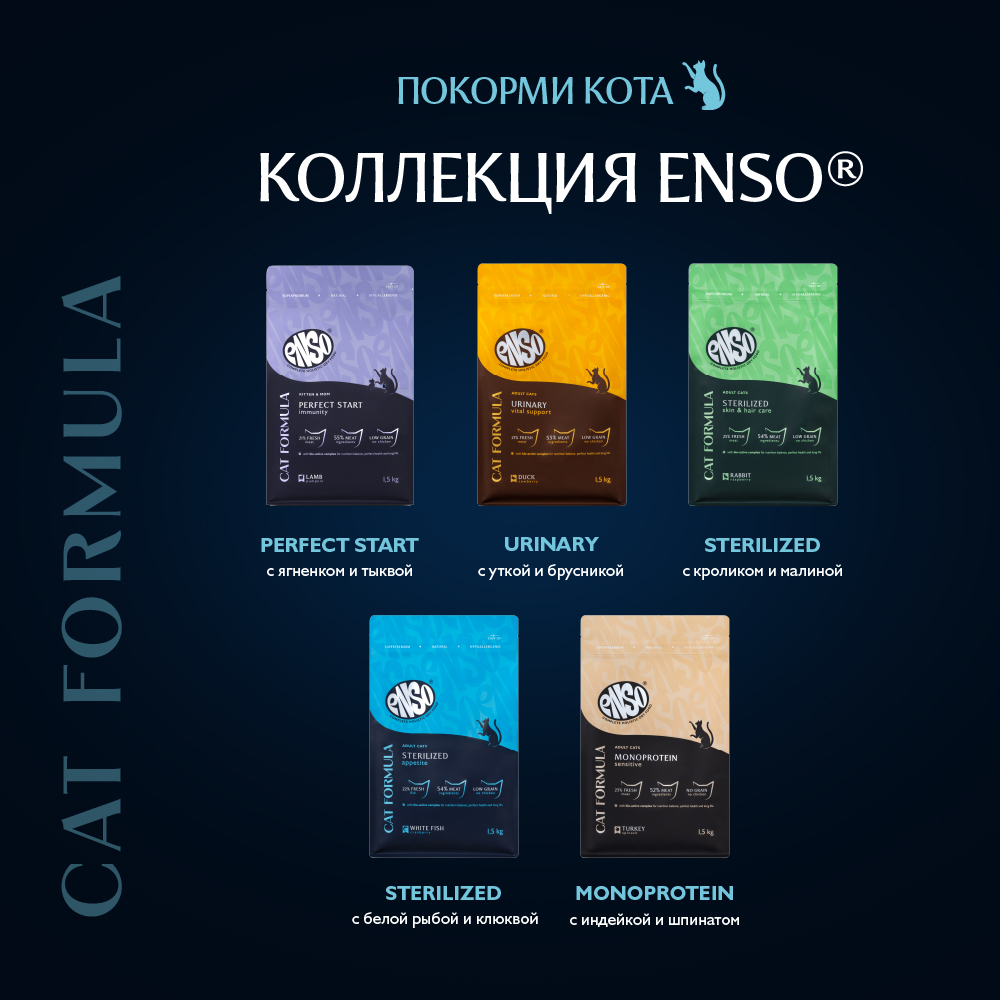Корм для кошек ENSO formula Sterilized для стерилиз., со свежей белой рыбой и клюквой сух.