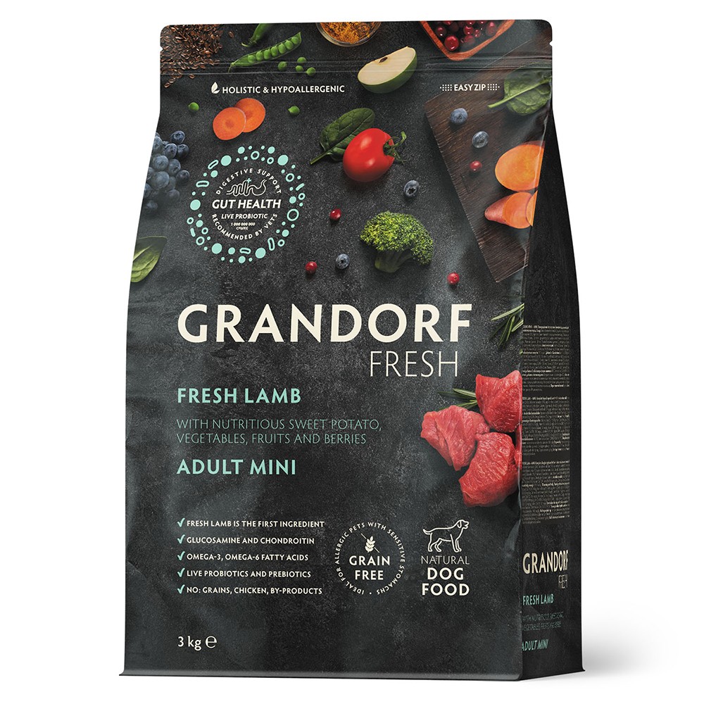 Беззерновой корм с живыми пробиотиками для собак GRANDORF Fresh Dog Mini свежее мясо ягненка с бататом для мелких пород сух.