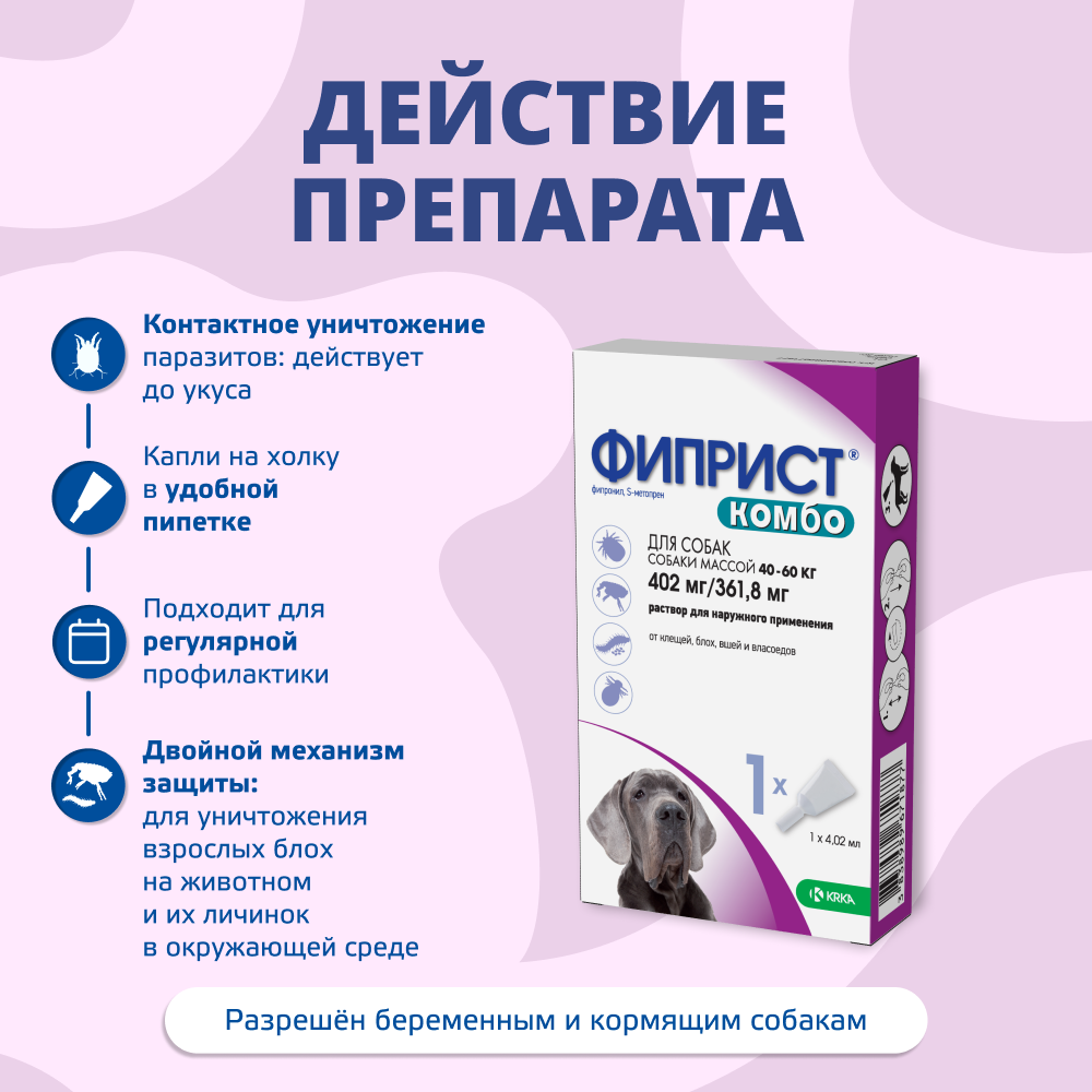 Капли для собак KRKA Фиприст Комбо от клещей и усиленным действием против блох (40-60кг) 4,02мл, 1 пипетка