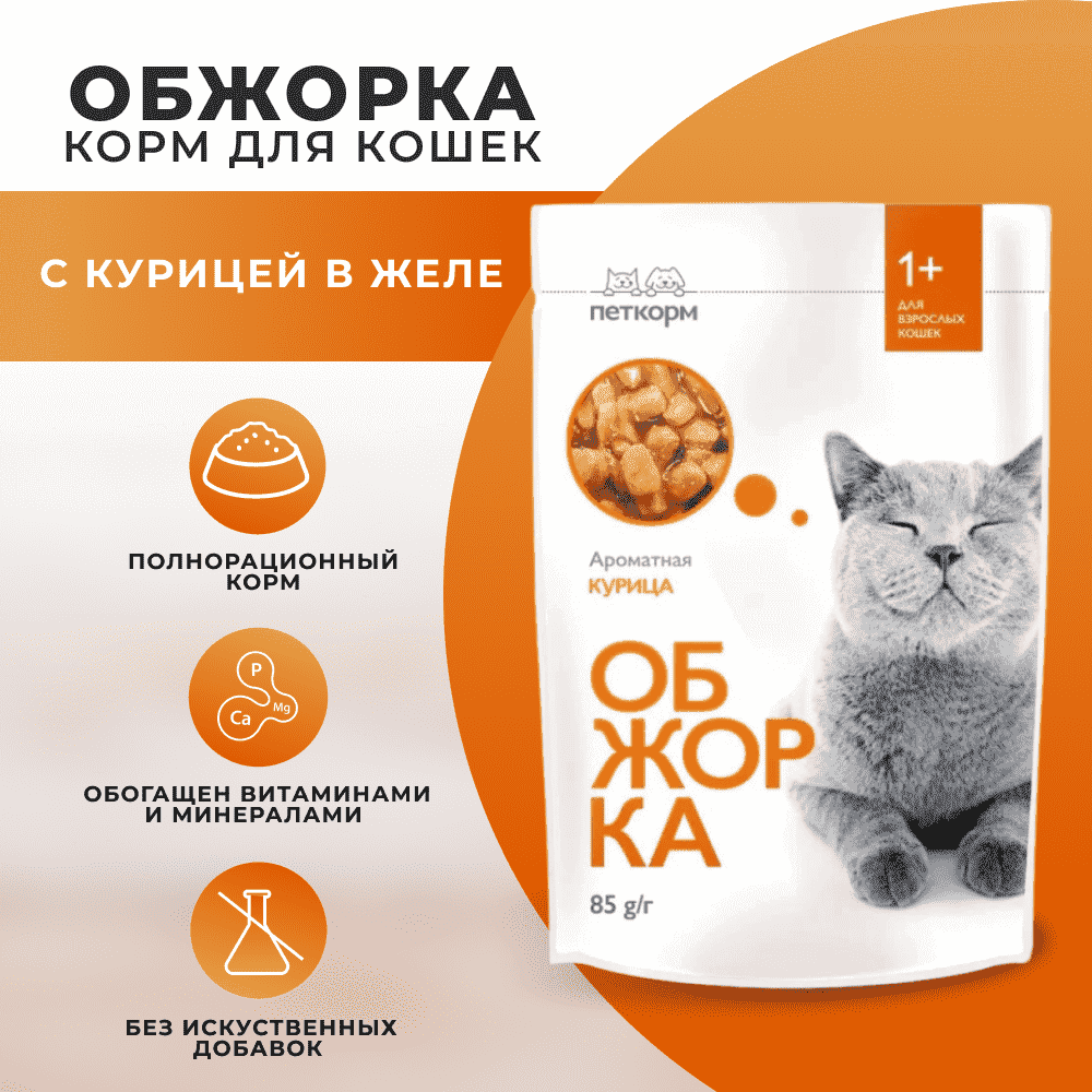 Корм для кошек ОБЖОРКА кусочки в желе с курицей пауч