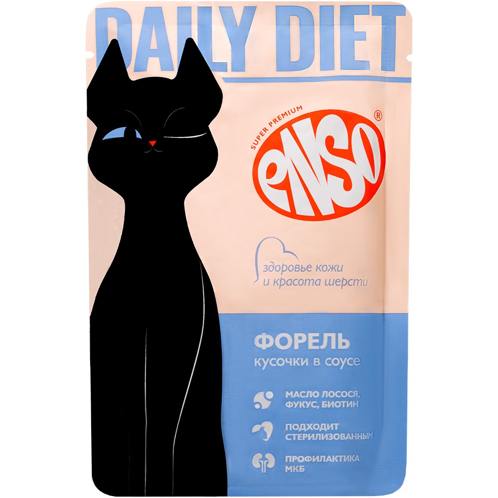 Корм для кошек ENSO Daily Diet поддерж.здор.кожи и красоты шерсти,кусочки в соусе с форелью пауч