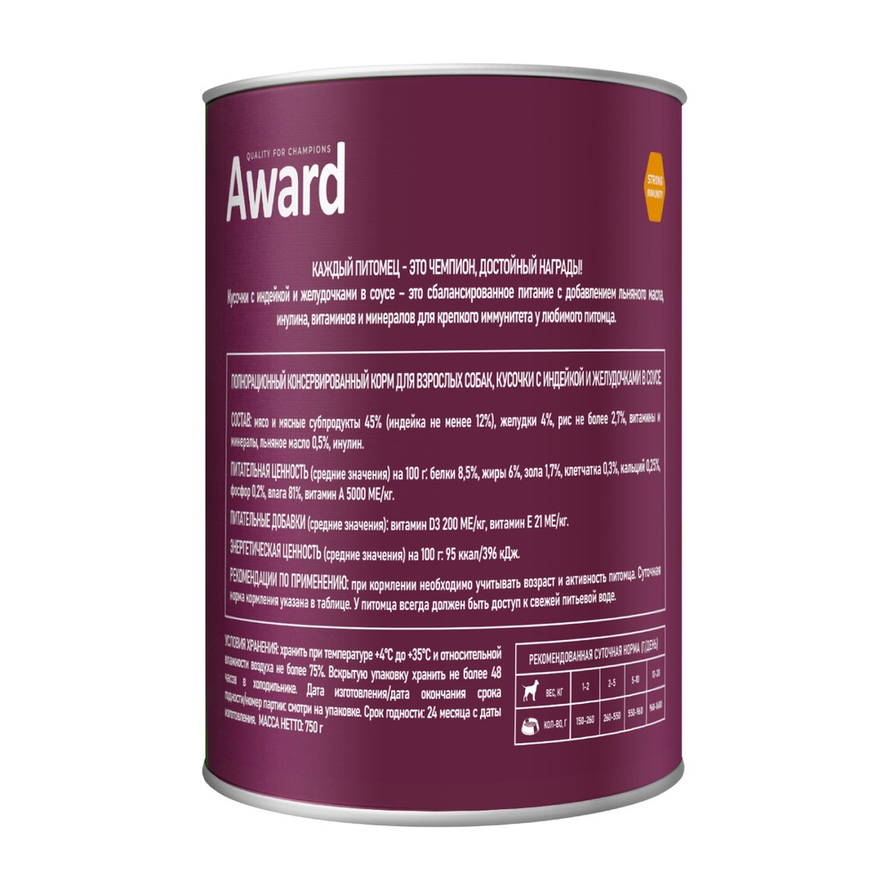 Корм для собак AWARD кусочки с индейкой и желудочками в соусе банка