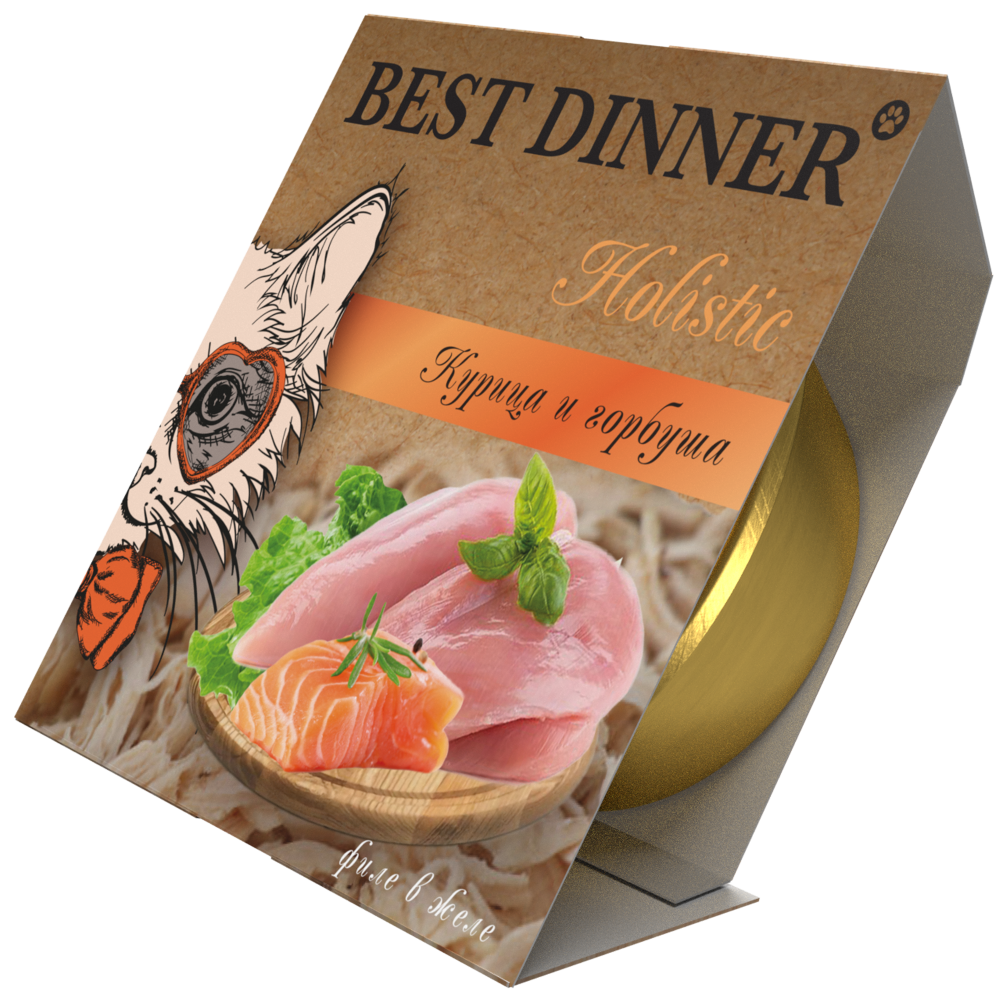 Корм для кошек BEST DINNER для стерил., мясные волокна в желе курица с горбушей ламист.