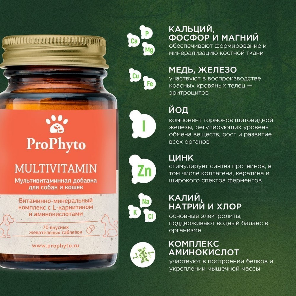 Витамины для кошек и собак PROPHYTO Мультивитамин, 70таб