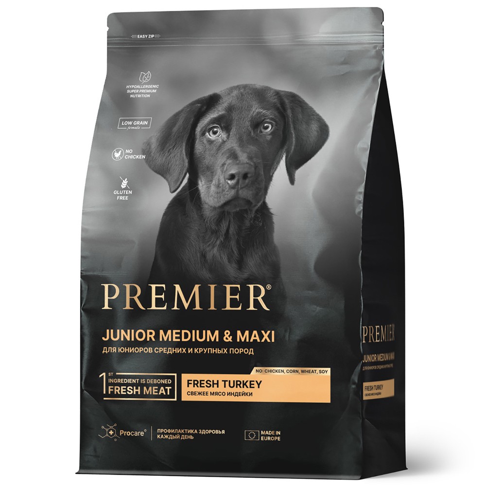 Корм для молодых собак PREMIER Dog для средних и крупных пород, свежее мясо индейки сух.