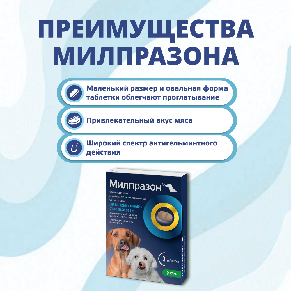 Антигельминтик для щенков и собак KRKA Милпразон, 2 таблетки
