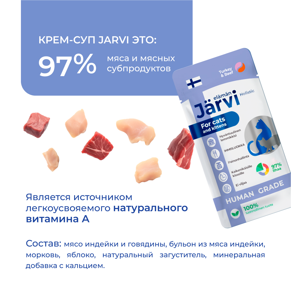Лакомство для кошек и котят JARVI крем-суп с мясом индейки и говядины