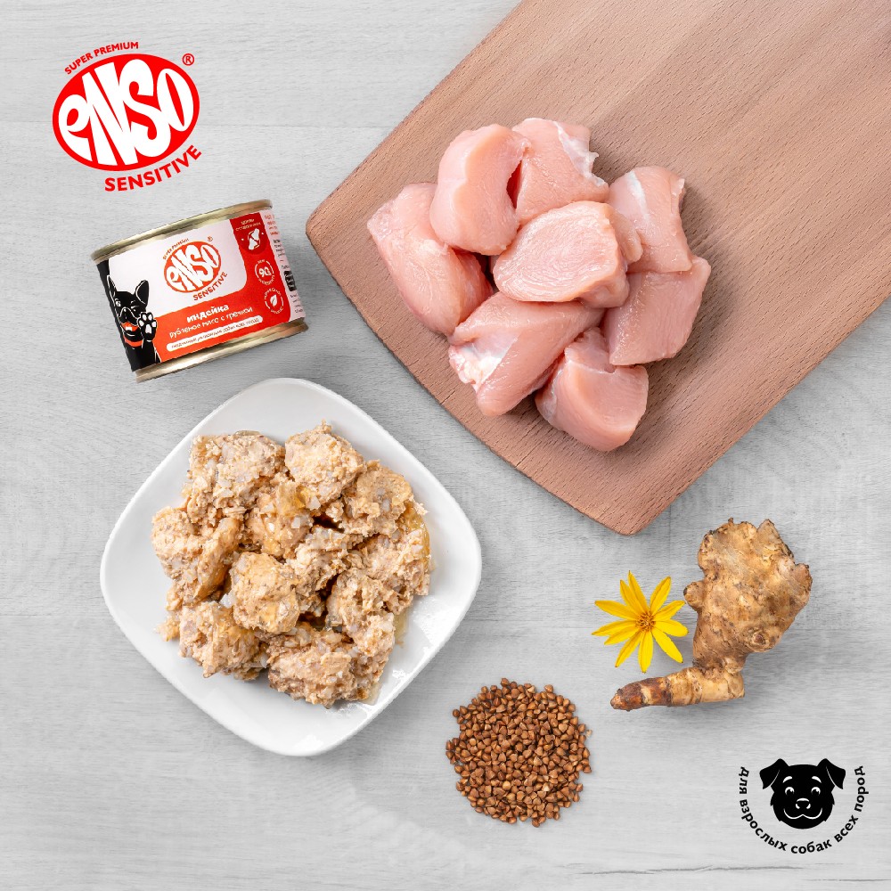 Корм для собак ENSO Sensitive подд.здор.суставов и связок, рубл.мясо индейки с гречкой банка