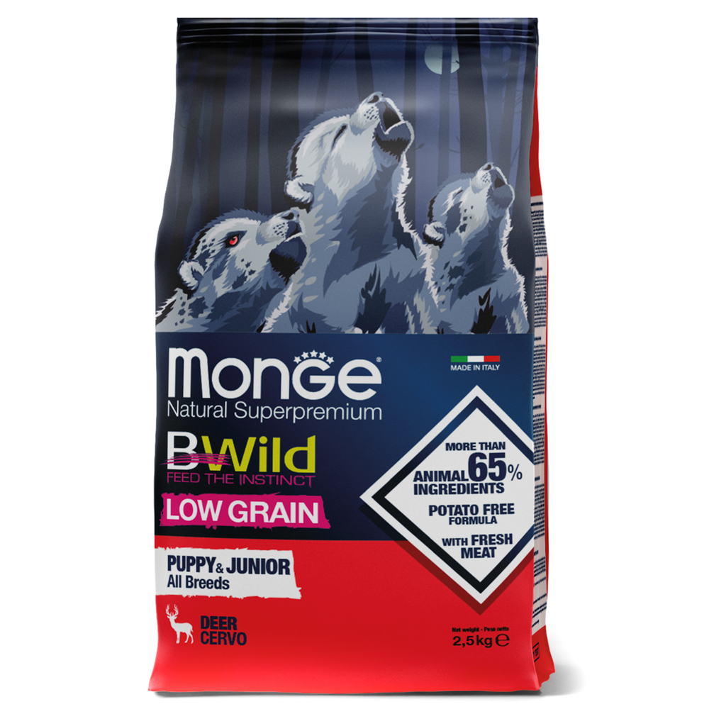 Корм для щенков MONGE Dog Bwild Low Grain мясо оленя сух.