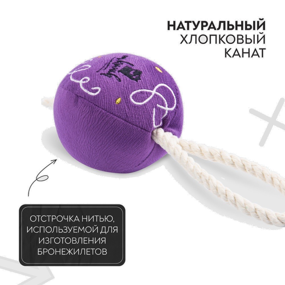 Игрушка MR.KRANCH для собак мелких и средних пород Шарик новогодний с канатом 20х9х9 см, фиолетовый