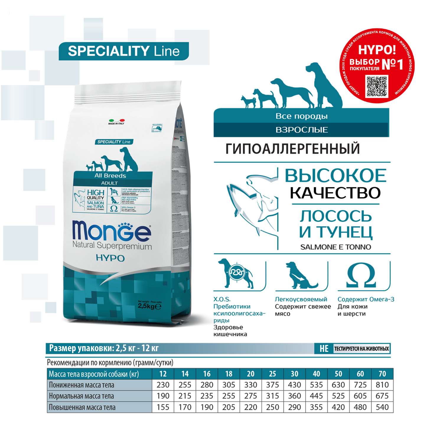 Корм для собак MONGE Dog Speciality Hypoallergenic гипоаллергенный, лосось, тунец сух.