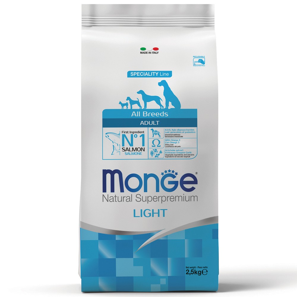 Корм для собак MONGE Dog Speciality Light низкоколорийный, лосось с рисом сух.