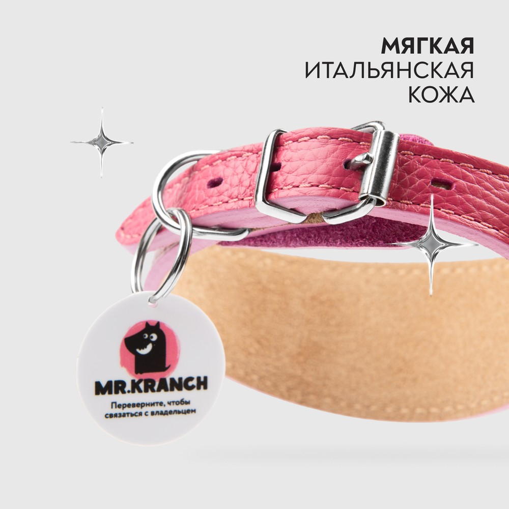 Ошейник-селедка для собак MR.KRANCH из натуральной кожи с QR-адресником, розовый 21-25см