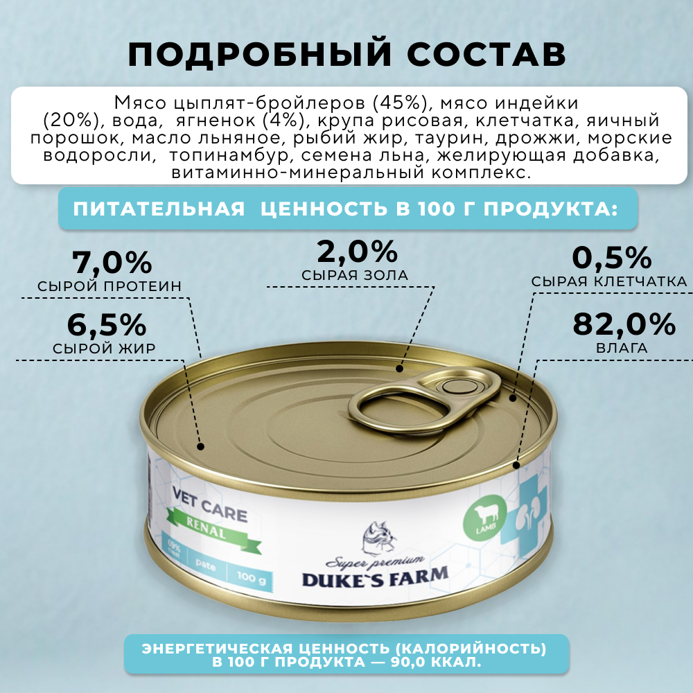 Корм для кошек DUKE'S FARM Vet Care Renal для профилактики почечной недостаточности, с ягненком, паштет банка