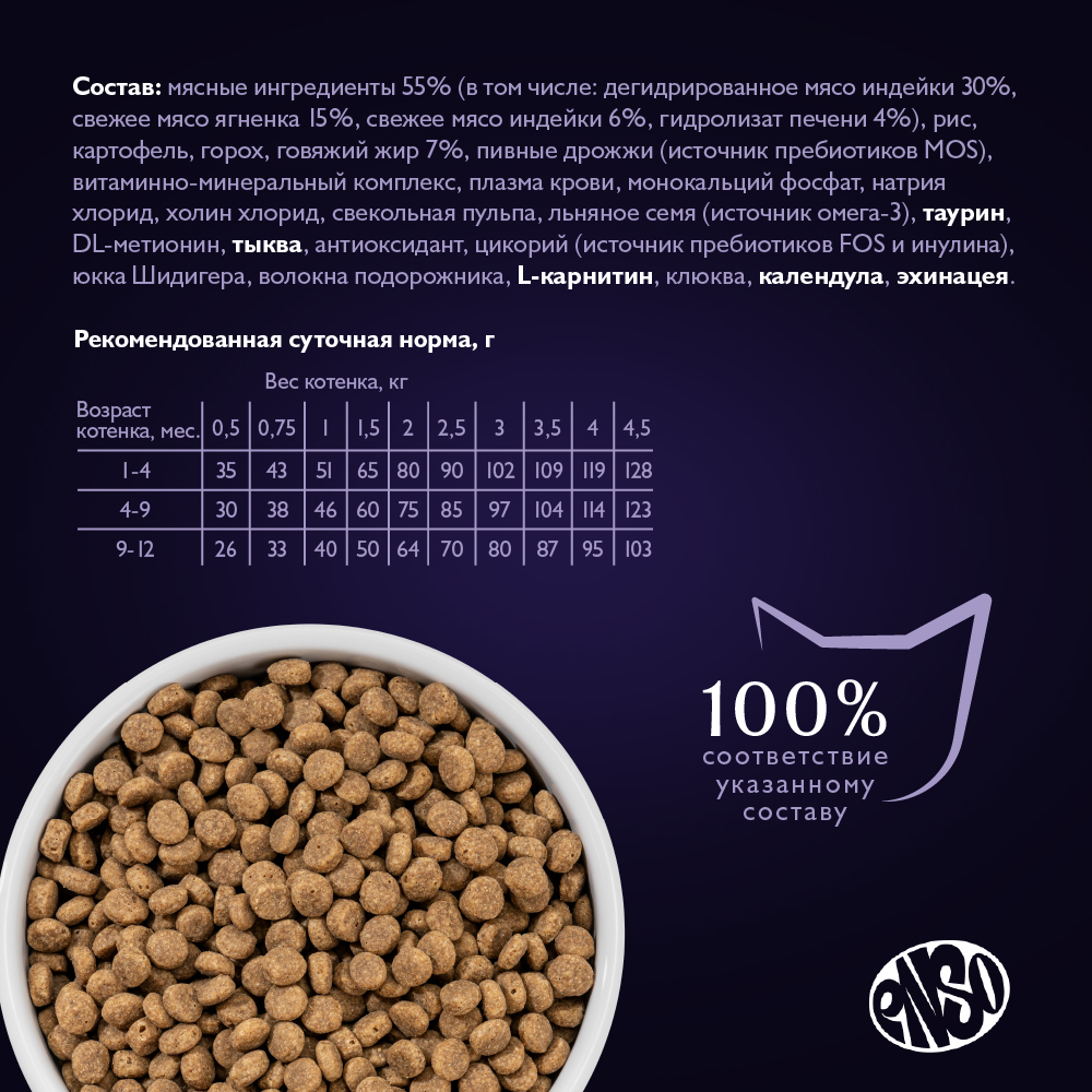 Корм для котят от 1 мес.,берем. и кормящ.кошек ENSO formula Perfect start ягненок с тыквой сух.