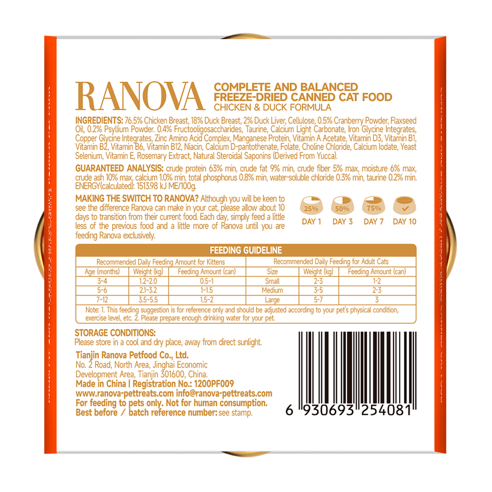 Корм для кошек RANOVA сублимированный с курицей и уткой,