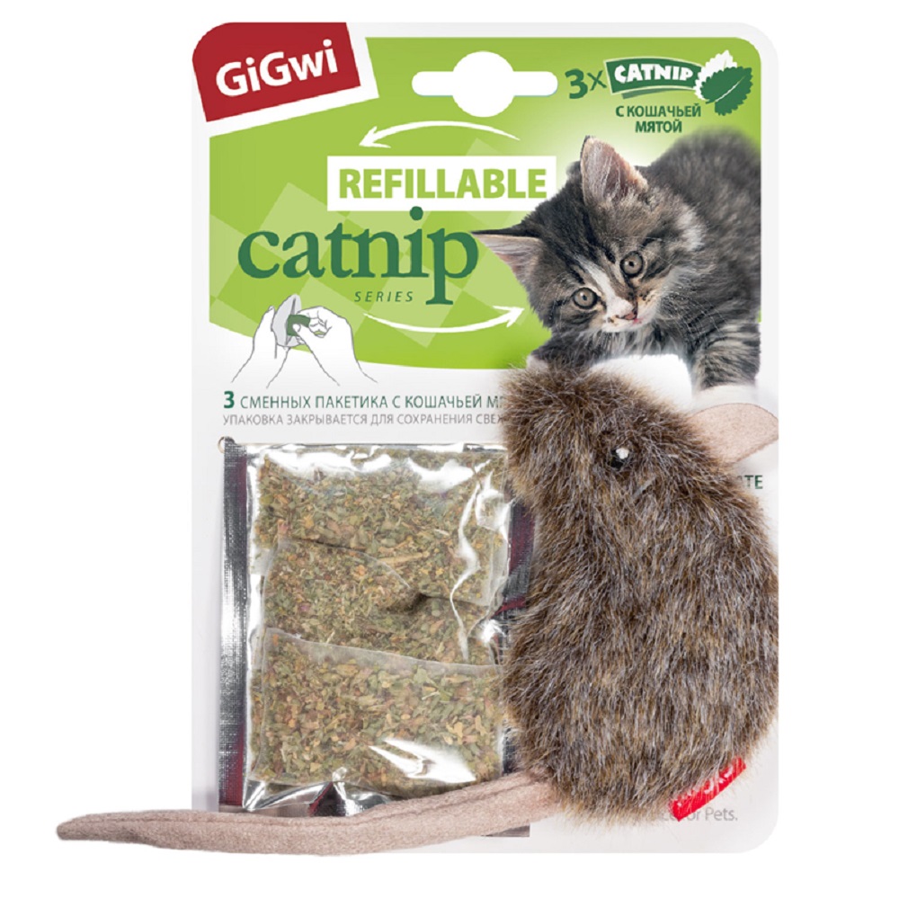 Игрушка для кошек GIGWI Мышка с кошачьей мятой 10см, серия Refillable Catnip