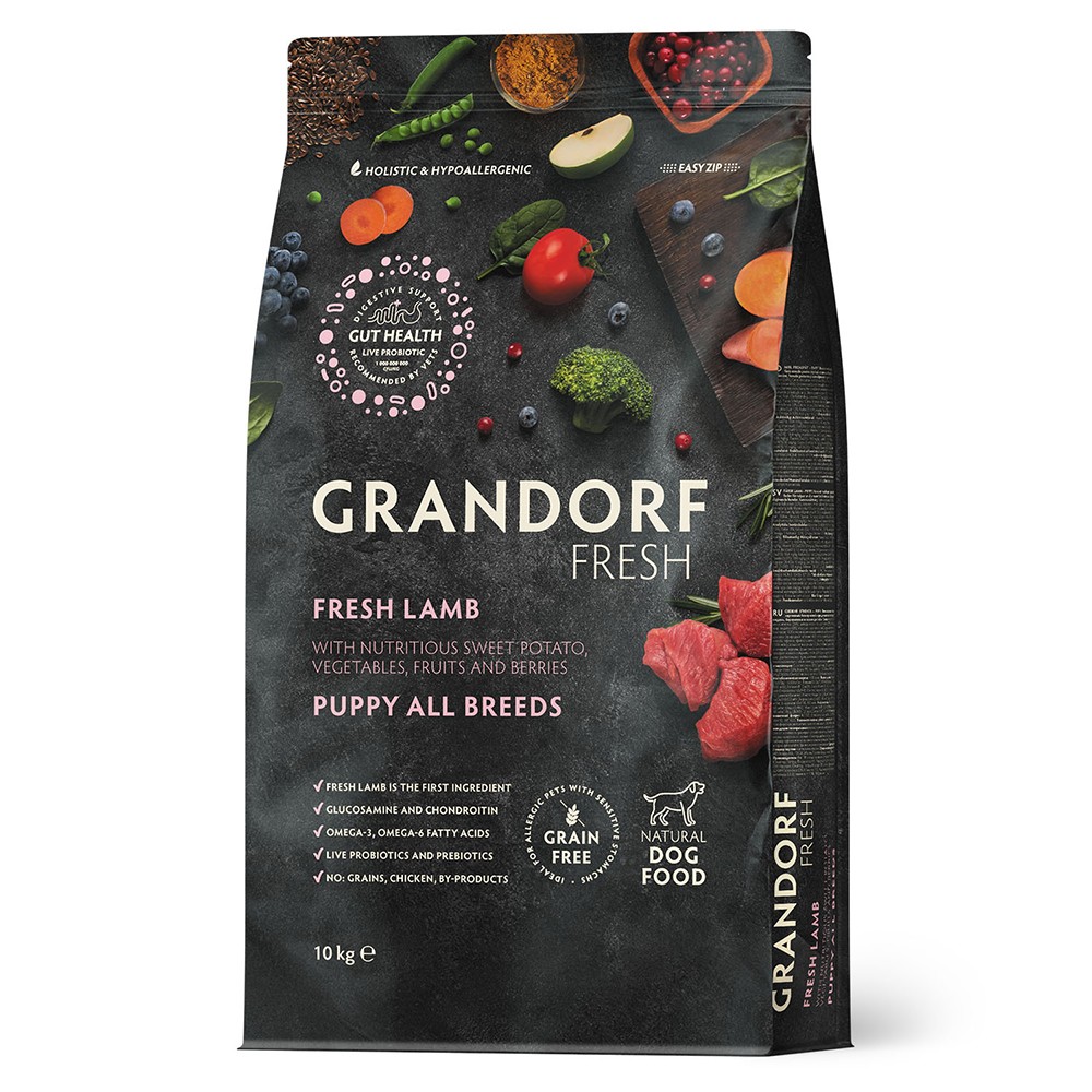 Беззерновой корм с живыми пробиотиками для щенков GRANDORF Fresh Dog Свежее мясо ягненка с бататом сух.