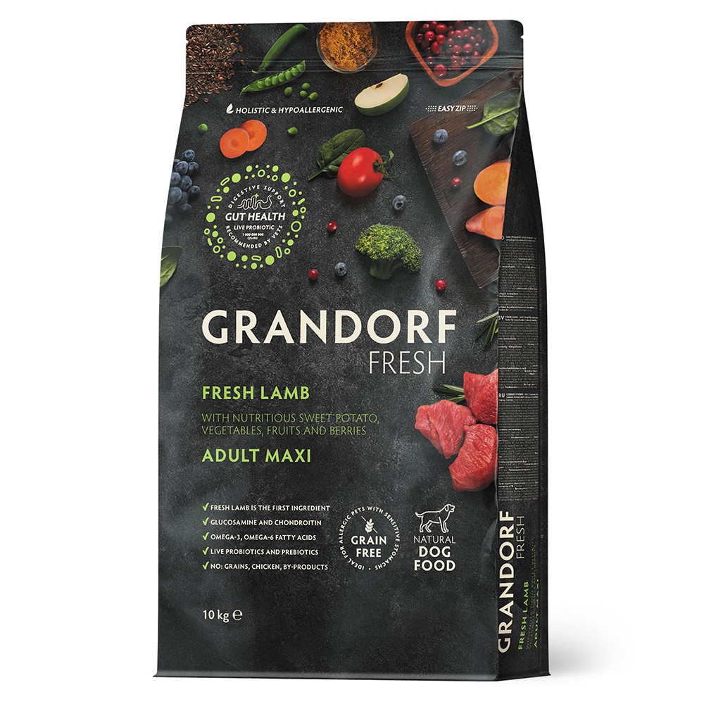 Беззерновой корм с живыми пробиотиками для собак GRANDORF Fresh Dog Maxi для крупных пород, свежее мясо ягненка с бататом сух.