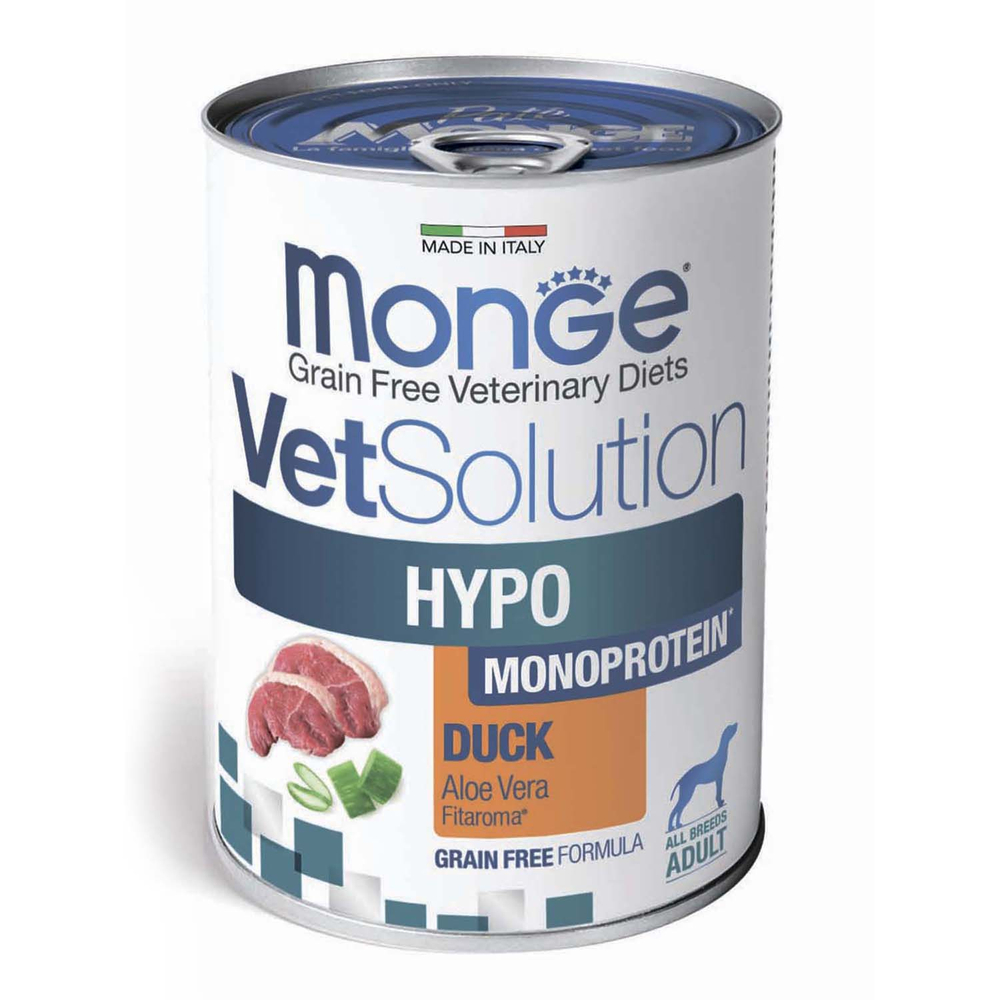 Корм для собак MONGE VetSolution Dog Hypo Monoprotein Duck при пищ.непереносимости, утка банка