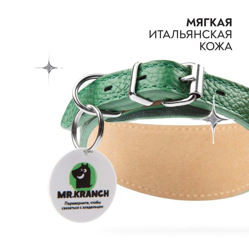Ошейник-селедка для собак MR.KRANCH из натуральной кожи с QR-адресником, зеленый 19-23см