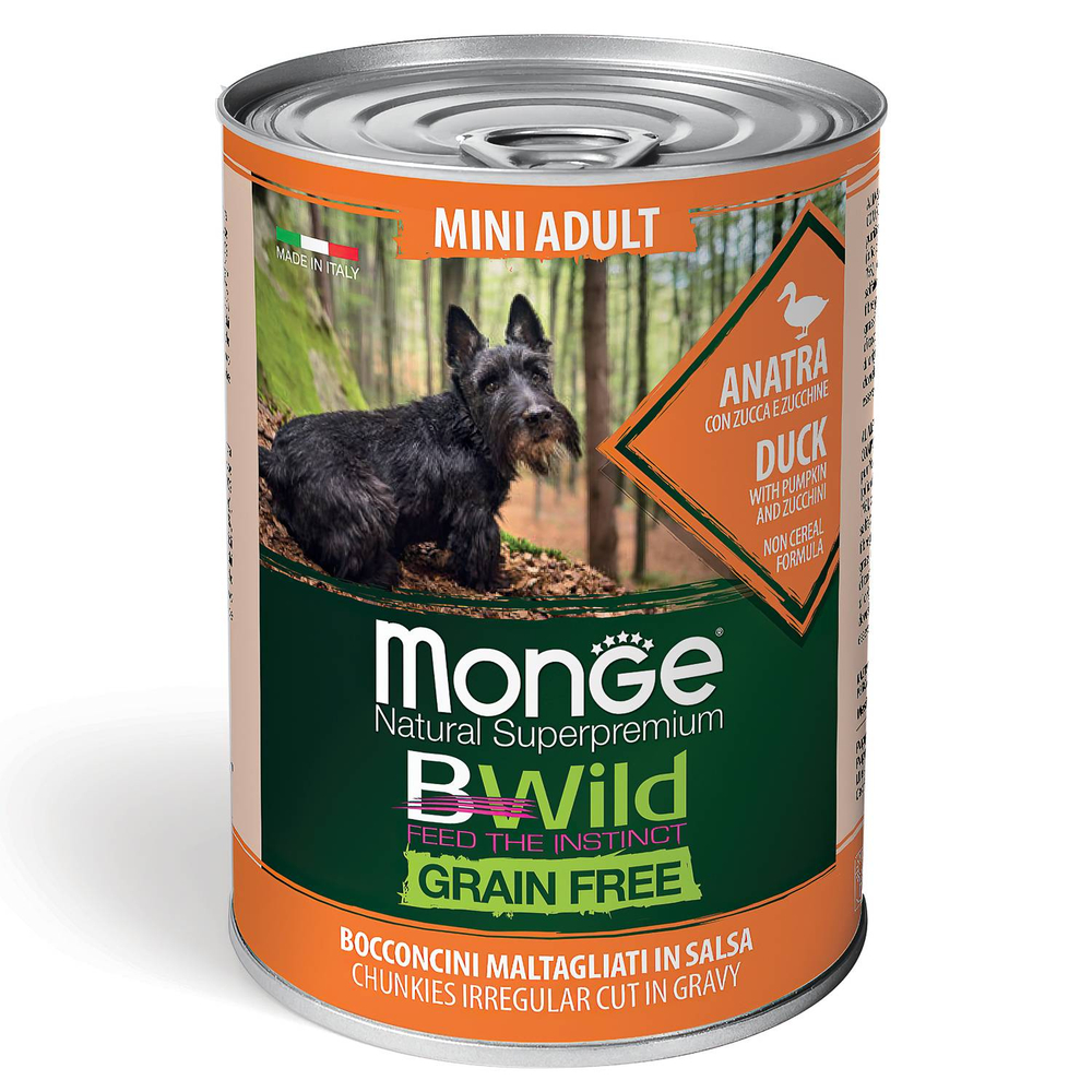 Корм для собак MONGE Dog BWild Grain Free для мелких пород, утка с тыквой и кабачками банка