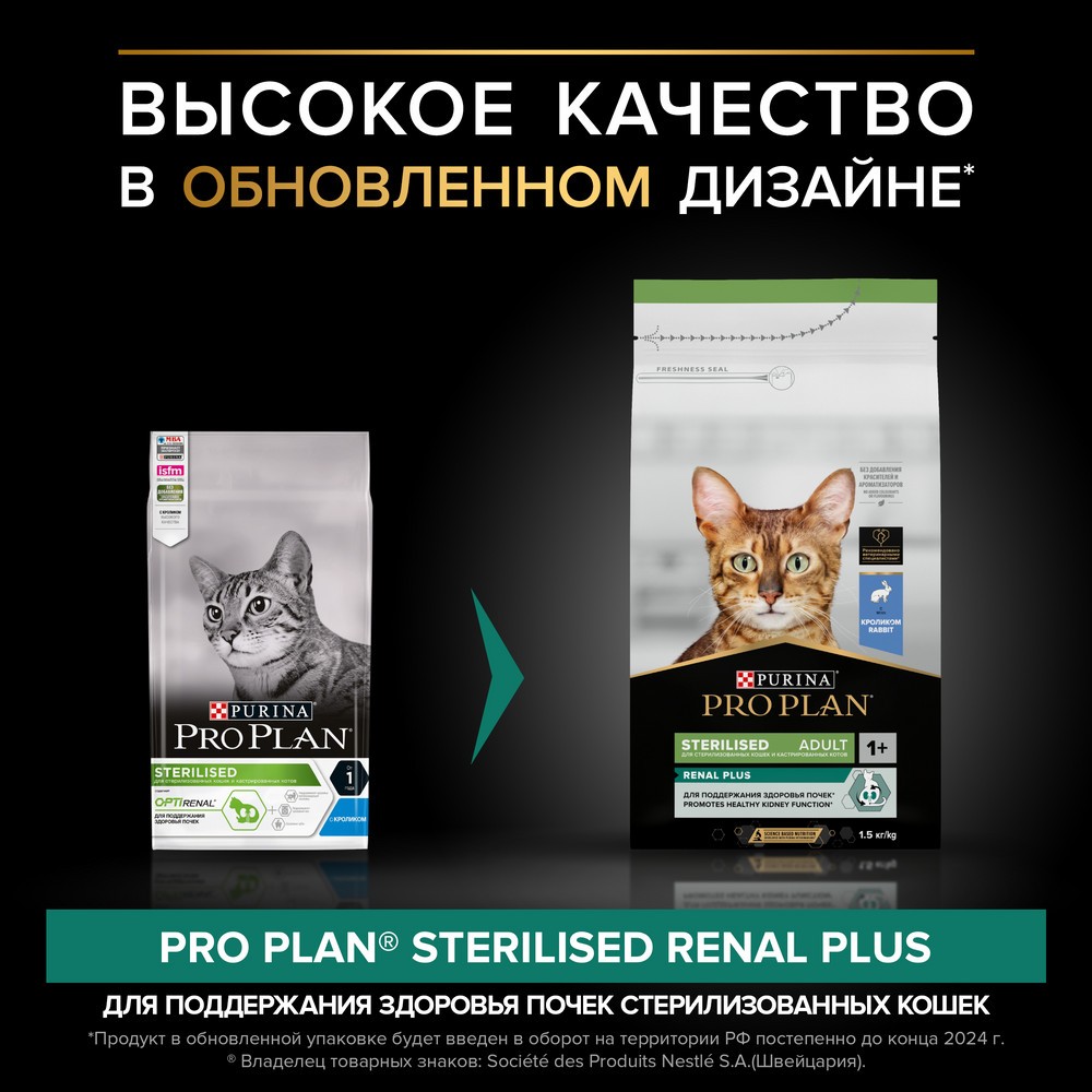 Корм для кошек PRO PLAN Sterilised Renal Plus для стерилизованных, с кроликом сух.