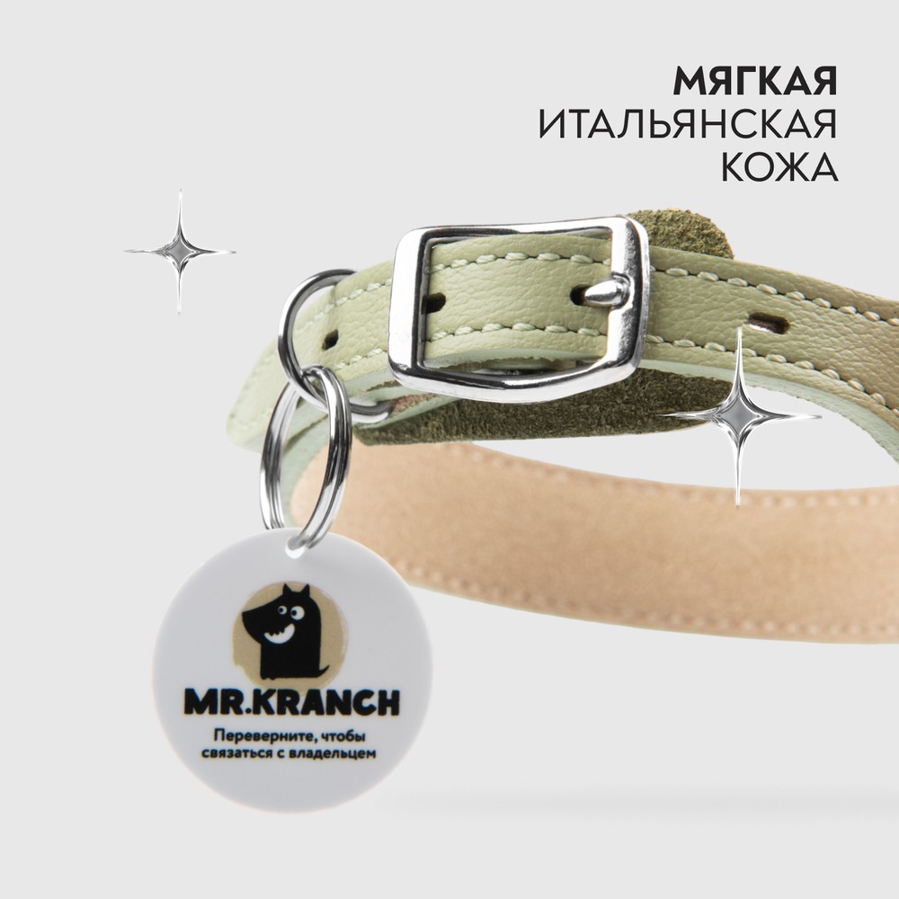 Ошейник для собак MR.KRANCH из натуральной кожи с QR-адресником, нежно-зеленый 33-40см