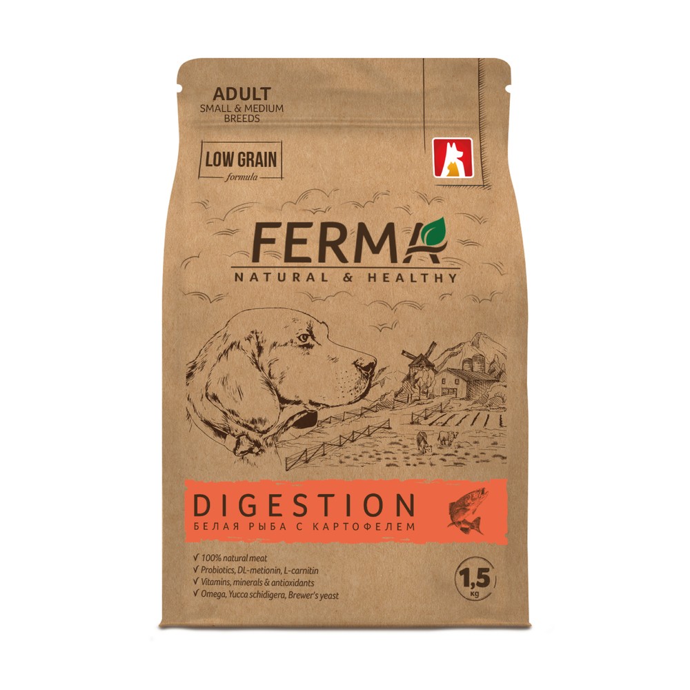 Корм для собак ЗООГУРМАН Ferma Digestion для мелк.и средних пород, белая рыба с картофелем сух.