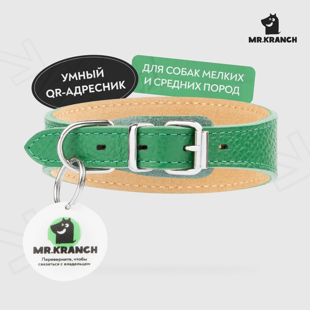 Ошейник-селедка для собак MR.KRANCH из натуральной кожи с QR-адресником, зеленый 21-25см
