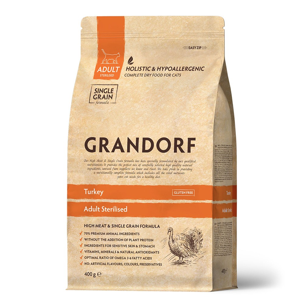 Корм для кошек GRANDORF для стерилизованных, индейка сух.
