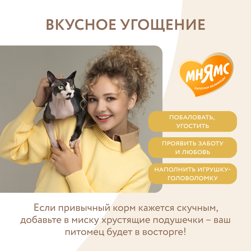 Лакомство для кошек МНЯМС Здоровая кожа и шерсть хрустящие подушечки с птицей
