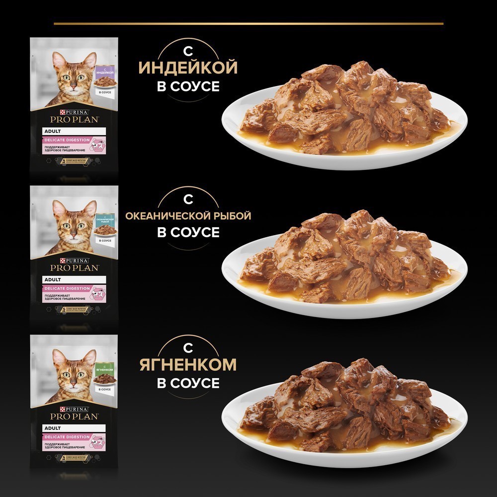 Корм для кошек PRO PLAN Delicate Digestion с чув.пищ, индейка, океан.рыба, ягненок 40x85г НАБОР