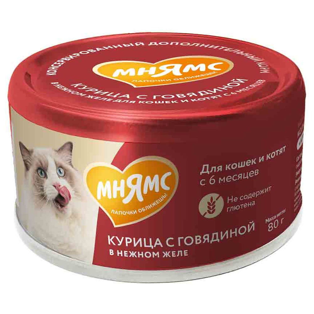 Корм для кошек и котят старше 6 мес. МНЯМС дополнительный, курица с говяд. в нежном желе банка