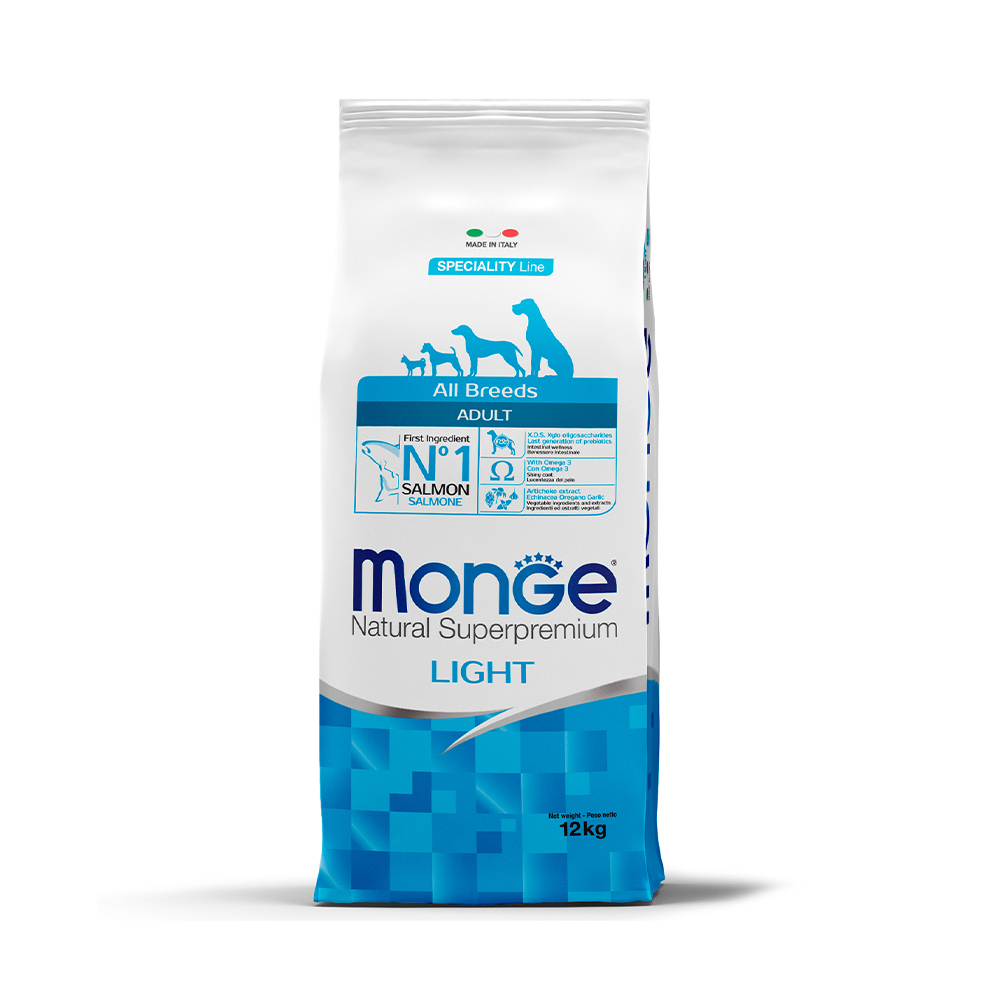 Корм для собак MONGE Dog Speciality Light для всех пород низкокалорийный, лосось, рис сух.