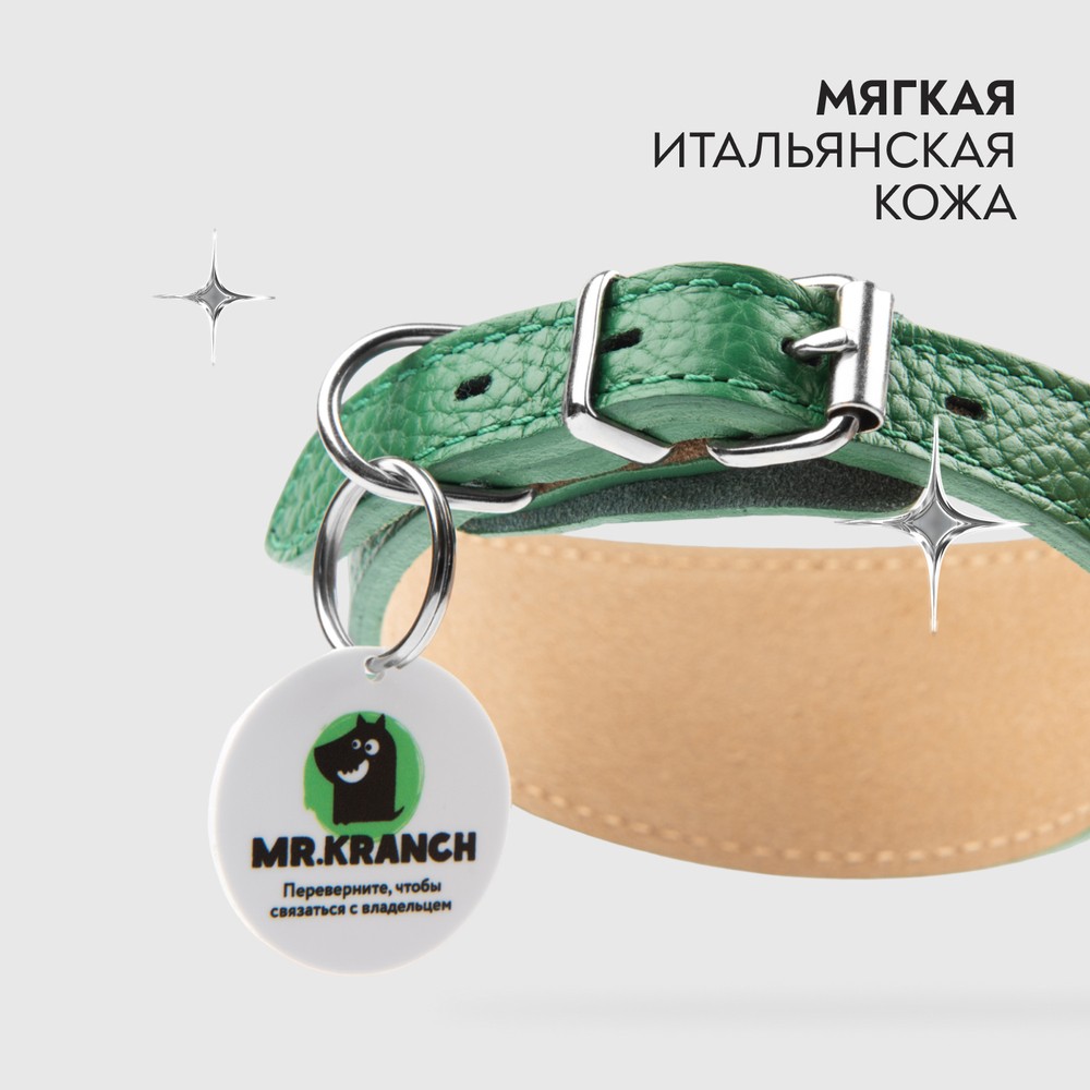 Ошейник-селедка для собак MR.KRANCH из натуральной кожи с QR-адресником, зеленый 21-25см