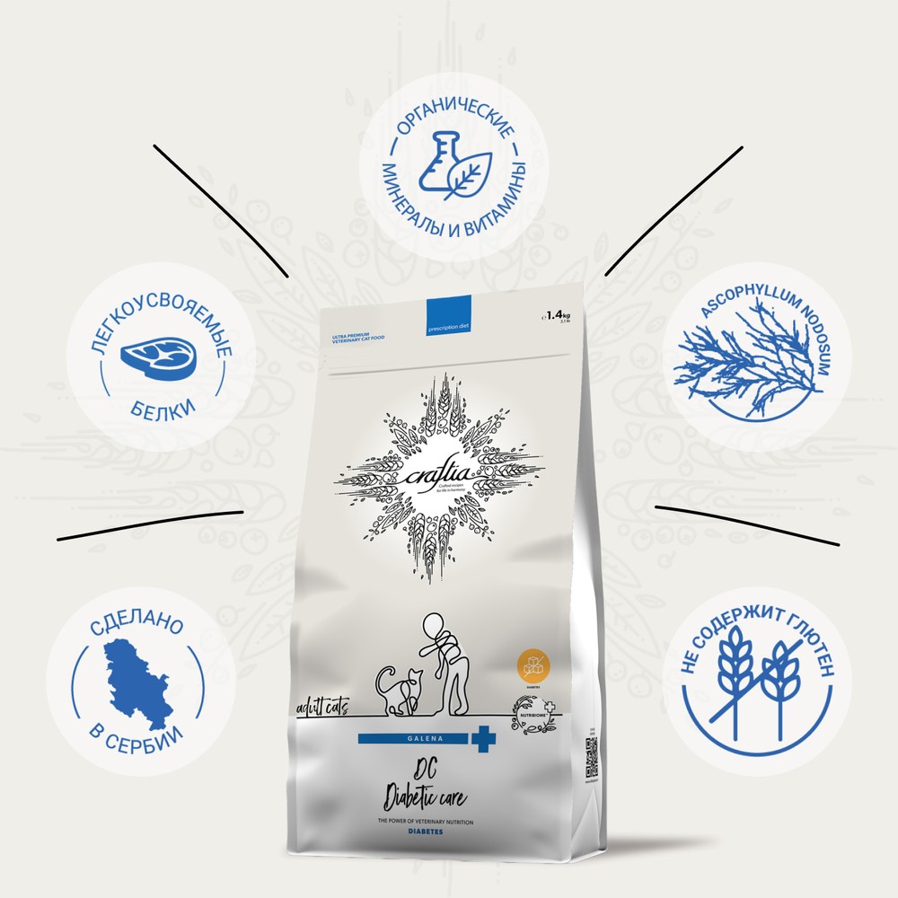 Корм для кошек CRAFTIA Galena Cat Diabetic Care при сахарном диабете сух.