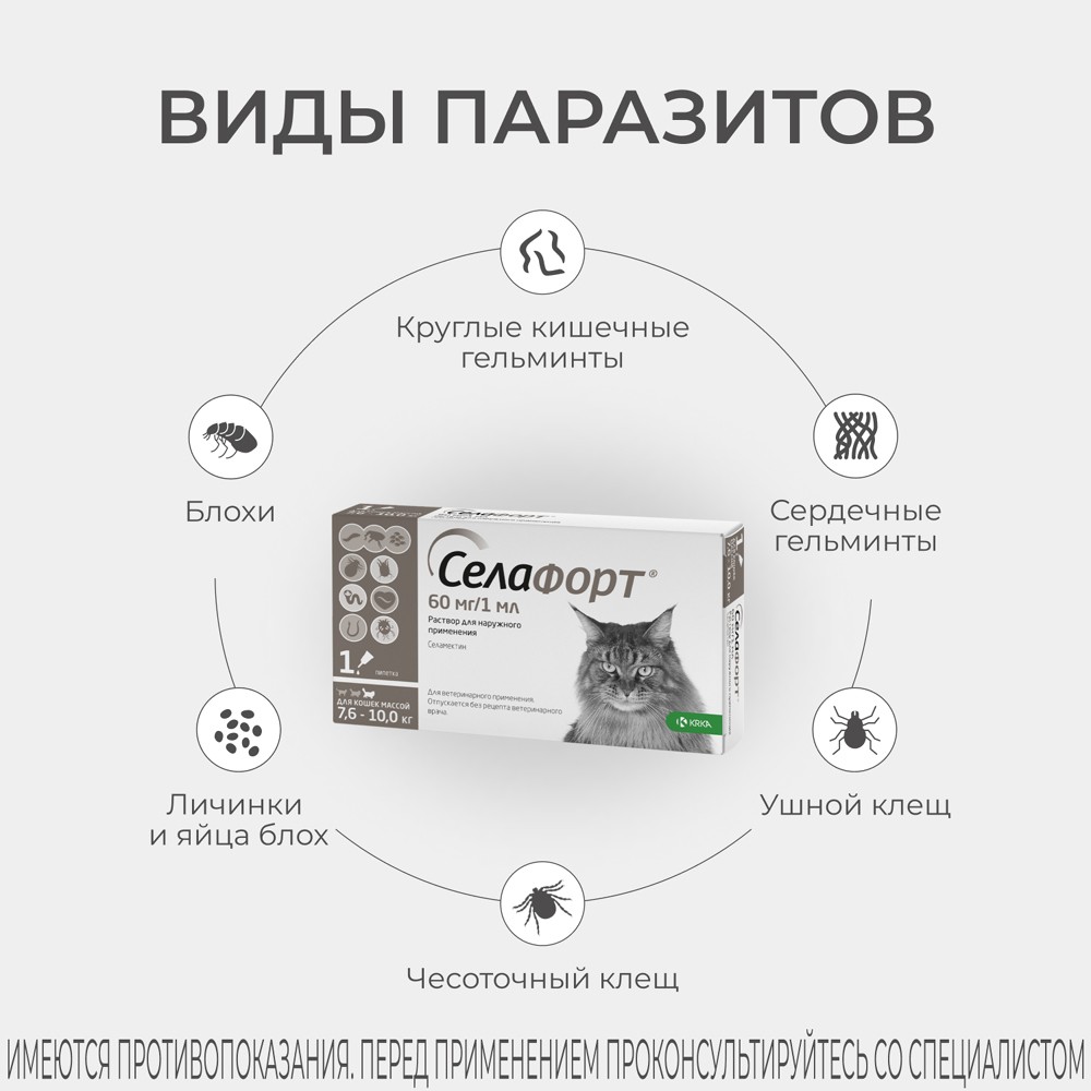 Капли для кошек KRKA Селафорт от ушн и чесоточ.клещей, блох, гельм 7,6-10,0кг, 1мл (60мг), 1 уп.
