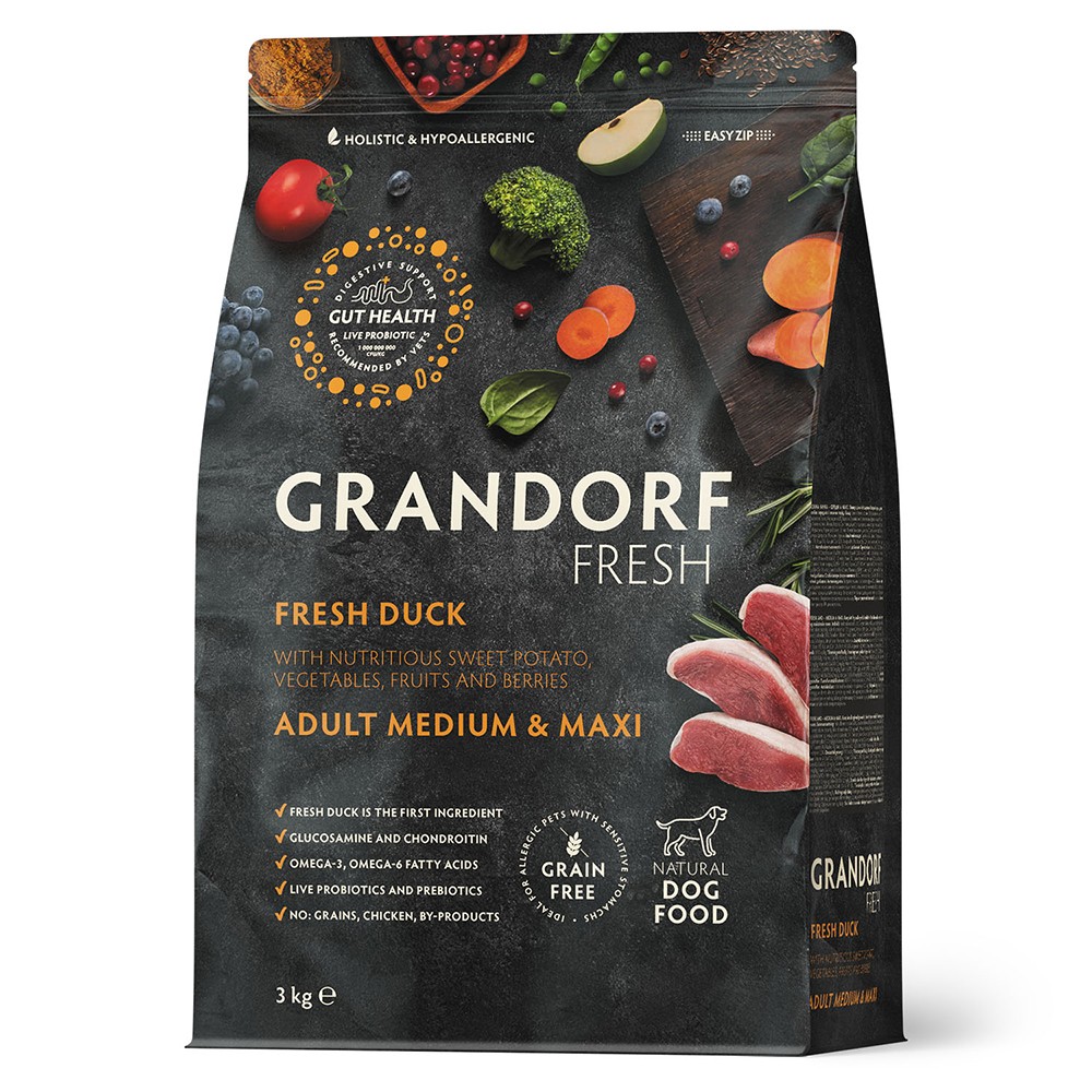 Беззерновой корм с живыми пробиотиками для собак GRANDORF Fresh Dog Med&Maxi для ср.и кр.пород, свежее мясо утки с бататом сух.