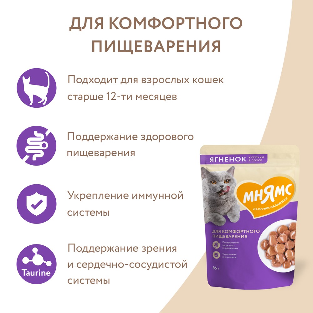 Корм для кошек МНЯМС для комфортного пищеварения, кусочки в соусе с ягненком пауч