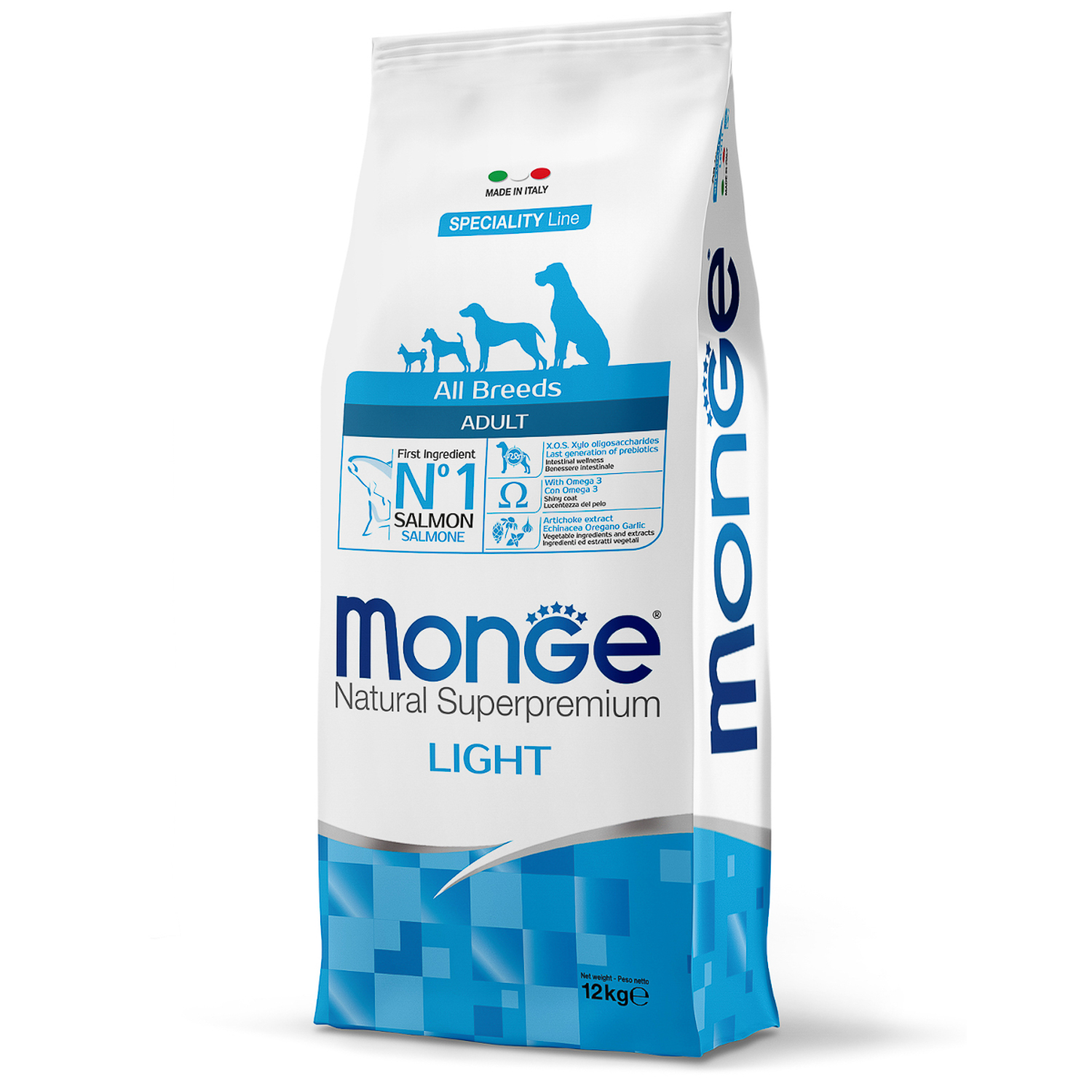 Корм для собак MONGE Dog Speciality Light для всех пород низкокалорийный, лосось, рис сух.