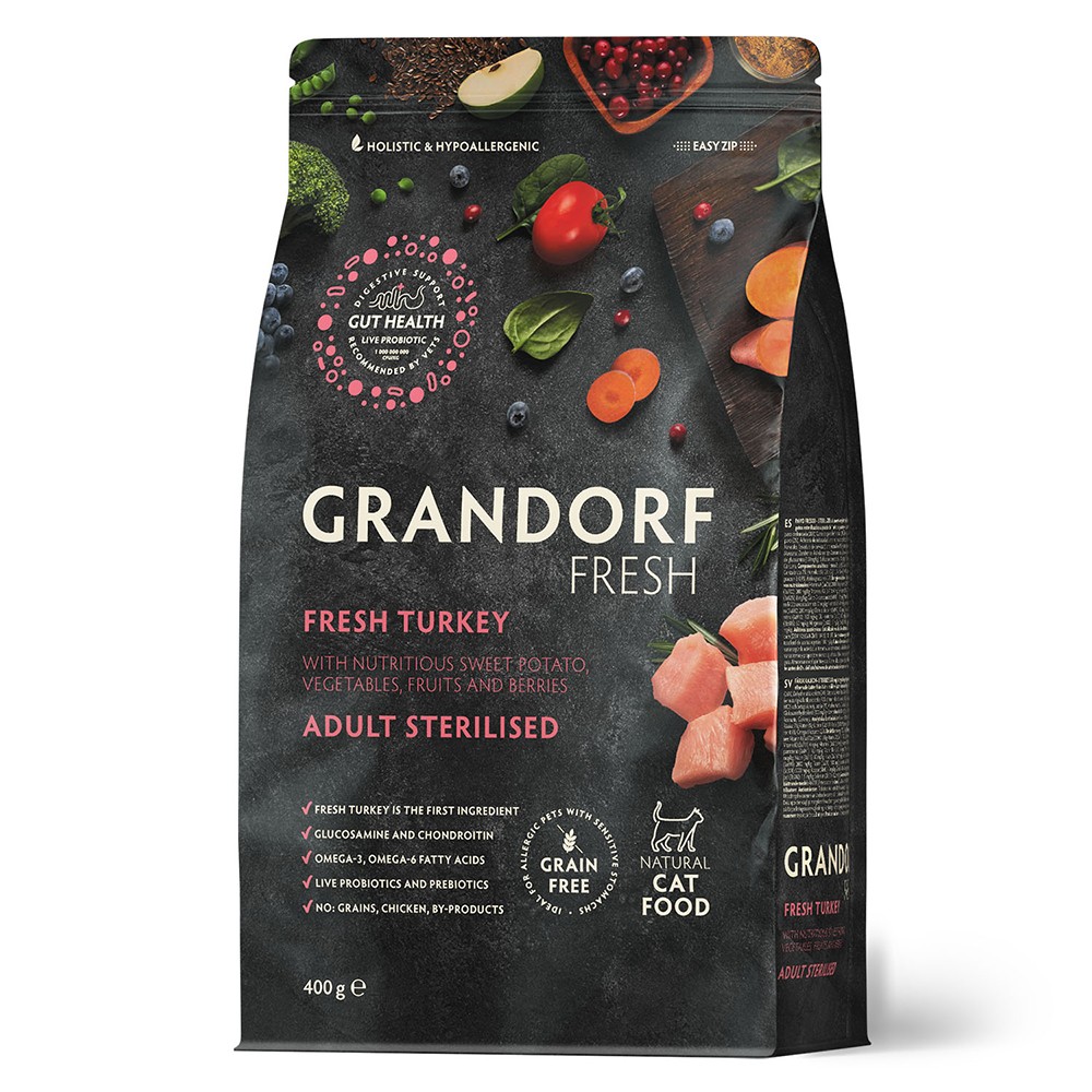 Беззерновой корм с живыми пробиотиками для кошек GRANDORF Fresh Cat Sterilised для стерилиз., свежее мясо индейки с бататом сух.