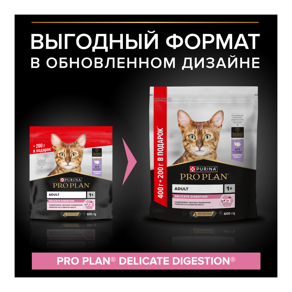 Корм для кошек PRO PLAN Delicate Digestion с чувствит.пищеварением, индейка сух. 400г+200г ПРОМО