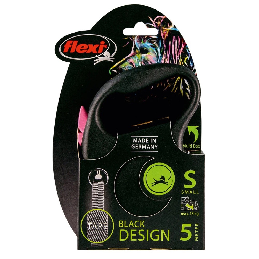 Рулетка для собак FLEXI Black Design S (до 15кг) 5м лента черный/розовый