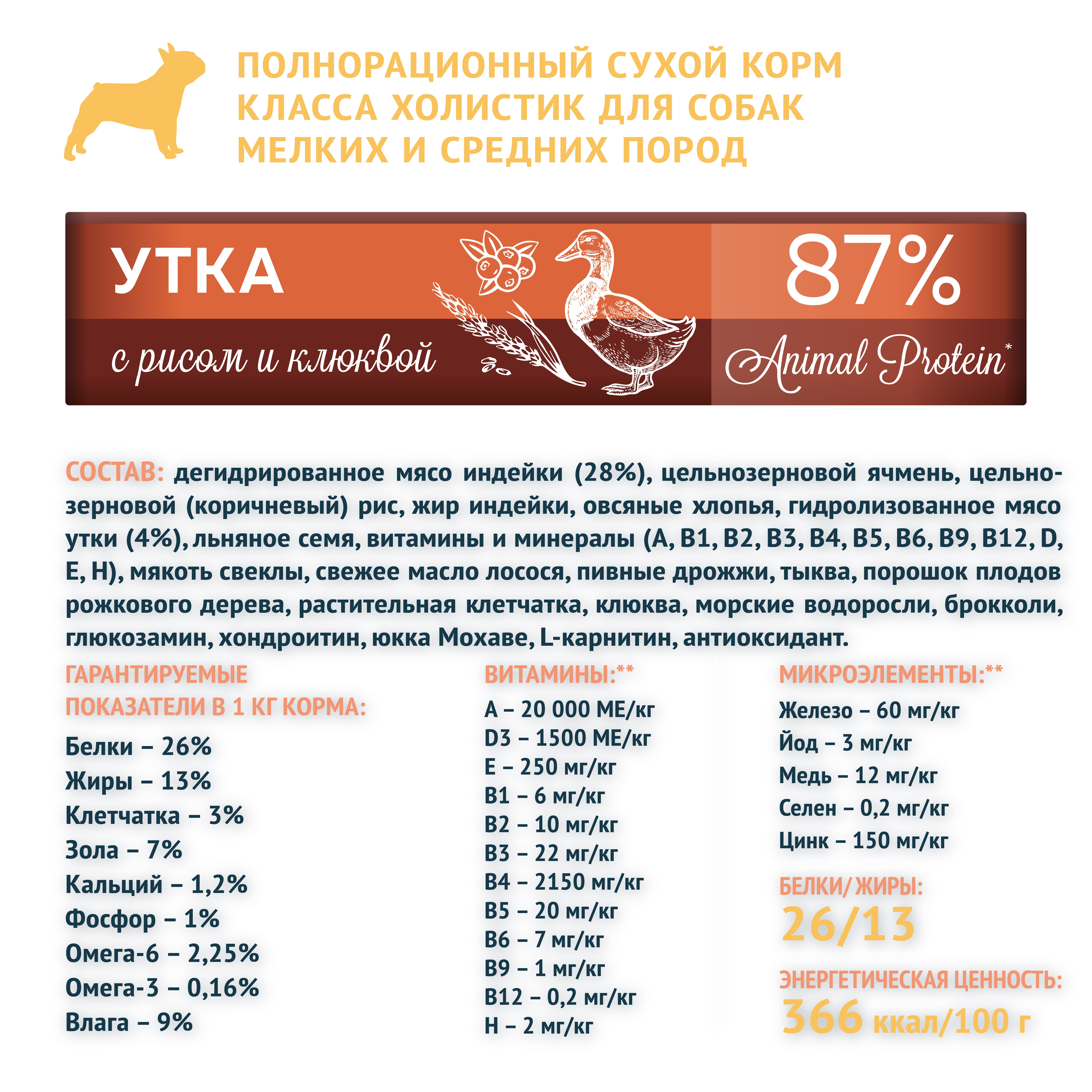Корм для собак ЗООГУРМАН Holistic для мелких и средних пород, утка с рисом и клюквой сух. сух.