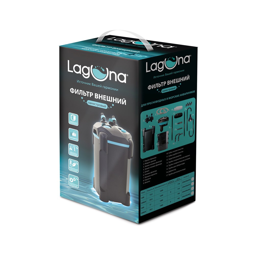 Фильтр LAGUNA Aqua 1408UV внешний с УФ-стерилизатором, 29,3Вт, УФ-9Вт, 1400л/ч до 140л 230х230х485мм